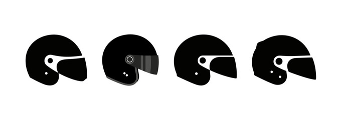 A comprehensive set of modern graphic icons illustrating various full-face motorcycle helmets, emphasizing safety, adventure, and the spirit of open-road travel © ARIF