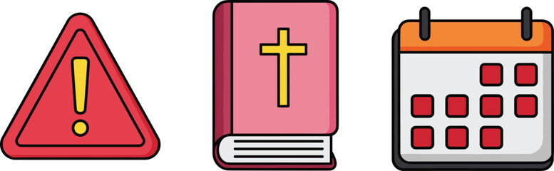 Obraz premium Warning alert sign bible book and calendar schedule icon set religion safety and planning flat vector illustration collection
