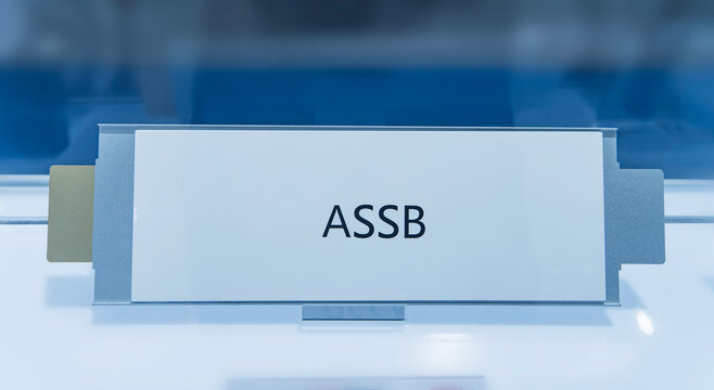 ALL Solid-State Battery(ASSB) cell unit on white background. Next Generation Electric Vehicle Battery concept.