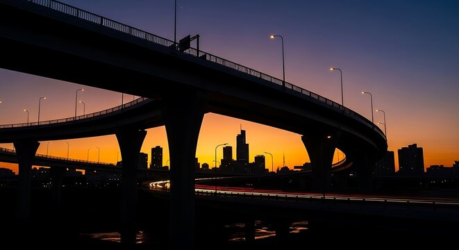 Cityscape highway overpass at sunset.