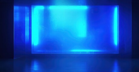 Bright blue light emanates from rectangular structure. Dark background emphasizes glowing form, creating futuristic impression. Minimalist design.