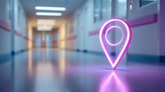 Neon location marker in hospital corridor