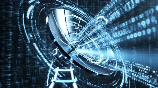 A futuristic satellite dish is depicted in front of a binary code background, glowing blue