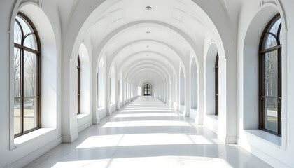 Fototapeta premium Modern white corridor with arched windows and sleek architecture