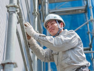建設現場の足場で作業をしながら明るい笑顔を見せるヘルメット姿の日本人男性作業員