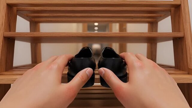 Black Leather Shoes on Wooden Shoe Rack - Front View POV