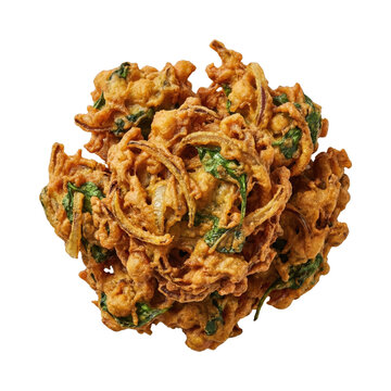 Crispy fried onion pakora fritter isolated. Indian savory street food.