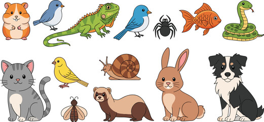 Naklejka premium Cute Animal Cartoon Collection with Hamster Birds Lizard Spider Fish Snake Cat Rabbit Dog Vector Set