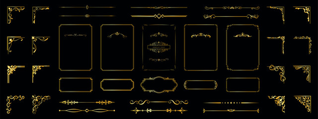 Luxury gold vintage ornamental frames and decorative dividers set, elegant baroque borders, corner flourishes and filigree elements isolated on black background, perfect for invitations, branding, cer © terentyevner55