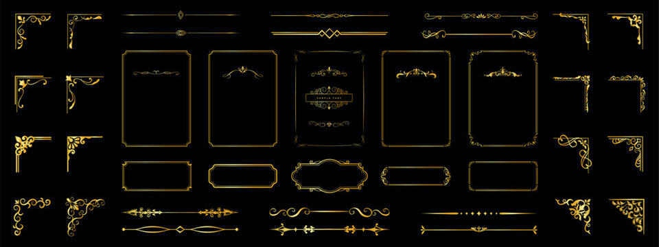 Luxury gold vintage ornamental frames and decorative dividers set, elegant baroque borders, corner flourishes and filigree elements isolated on black background, perfect for invitations, branding, cer
