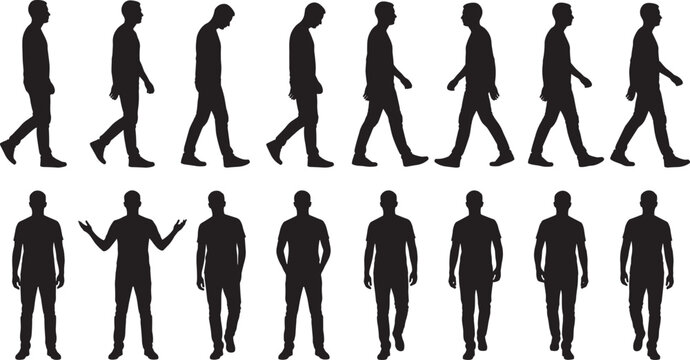 Walking Male Silhouettes Set, Standing and Moving Men Side and Front View Isolated Black Vector