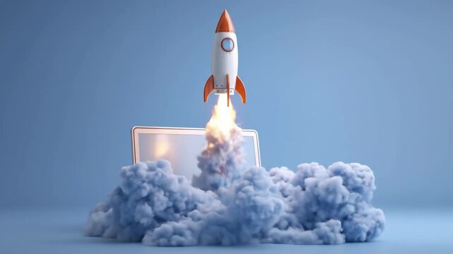 A rocket launches from a laptop, symbolizing innovation and new technology. The rocket is in mid-flight