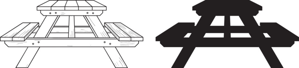 Fototapeta premium Wooden picnic table line art illustration, with bold silhouette isolated on white background for outdoor design use commercial