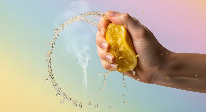 A human hand vigorously squeezes a whole lemon, creating a stream of juice and mist against a soft pastel.