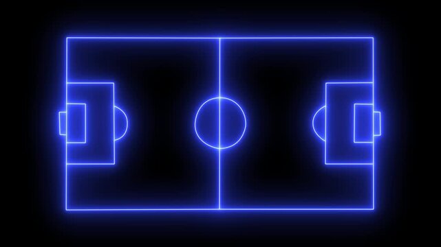 Animation of neon sports stadium on black background with neon lights match football isometric field video animation. Football championship match versus teams intro sport alpha black background 