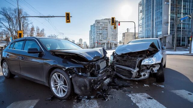 Car Accident Scene on City Street. Two damaged cars colliding at an intersection, with traffic lights overhead, showcasing a dramatic accident scene.