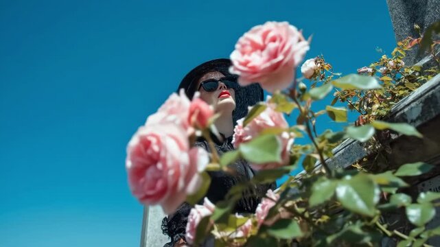 A woman in a black dress, hat and black sunglasses stands in sorrow and contemplation in a cemetery against the background of a blue sky
