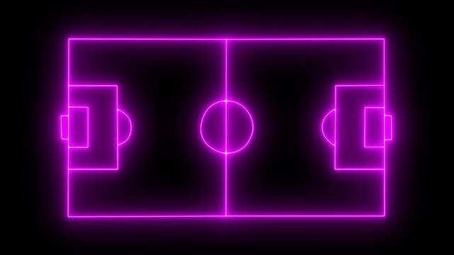 Animation of neon sports stadium on black background with neon lights match football isometric field video animation. Football championship match versus teams intro sport alpha black background 