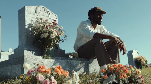 A person sitting thoughtfully at a gravestone in a serene cemetery with flowers