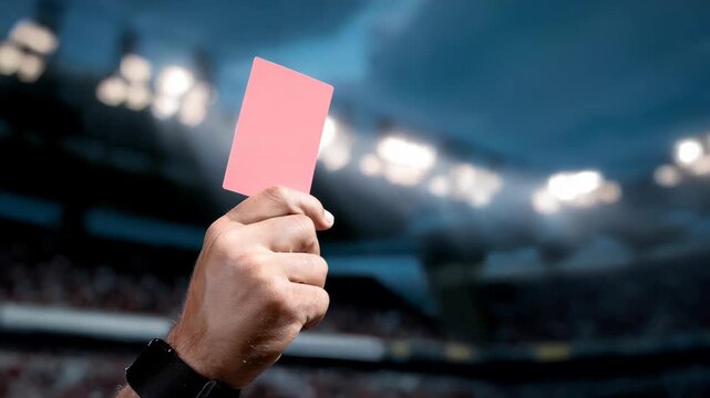 Referee shows a red card in a football stadium