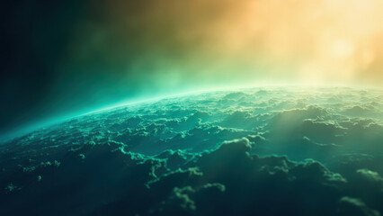 Fototapeta premium Abstract view of a planet's atmosphere with swirling clouds and golden light