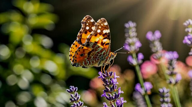 beautifull butterfly flying find nectar flower head in park 