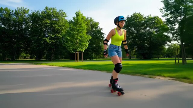 Young woman roller skating in a park, enjoying active recreation and outdoor activities