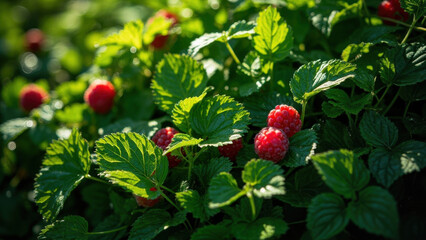 Obraz premium Ripe raspberries growing on a bush in the warm sunlight of a garden