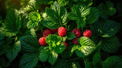 Close-up of ripe red raspberries nestled amongst lush green leaves in soft sunlight