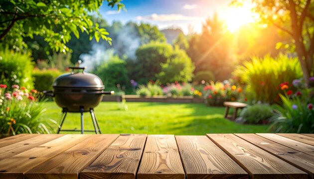 A sunlit backyard with a barbecue grill, vibrant flowers, and lush greenery in a peaceful setting
