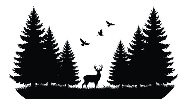 A deer and birds in a forest with pine trees isolated on white background, Vector