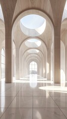 Fototapeta premium Symmetrical, sunlit contemporary hall with travertine arches and skylights