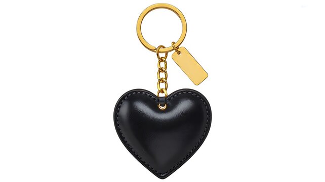 Black leather heart keychain isolated on white background