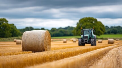 Obraz premium Tractor harvesting straw bales in a golden field under a cloudy sky with trees in the background, showcasing agricultural activity and rural landscape
