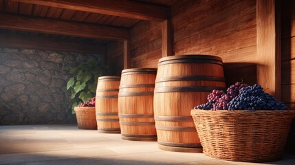 Wooden barrels and wicker baskets filled with grapes are arranged in a rustic cellar with stone walls and wooden beams, creating a warm and inviting atmosphere