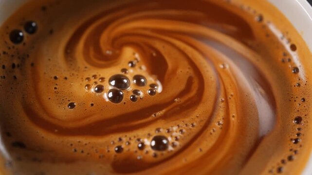 Close up of rich dark espresso coffee with swirling crema and bubbles image photo