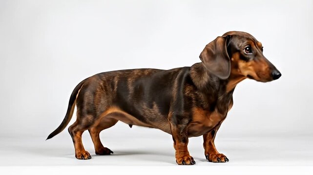 Dachshund dog standing on white background.