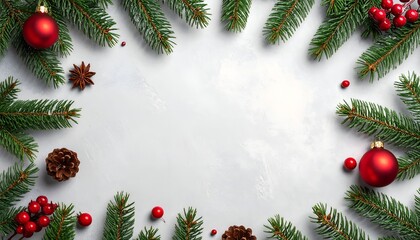 Festive arrangement of green pine branches, red ornaments, and natural elements on a light background