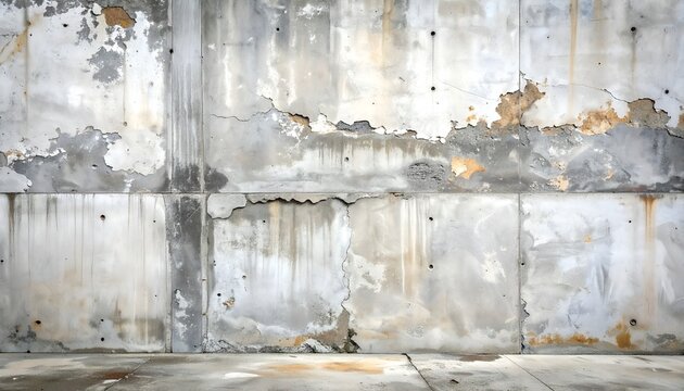 A weathered cement wall showcasing peeling paint and visible textures with rust stains