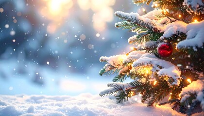 A snow-covered Christmas tree decorated with lights and a red ornament in a winter landscape