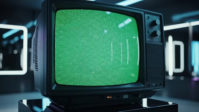 Vintage Television Displaying Green and White Signal in a Dark Room with Neon Accents