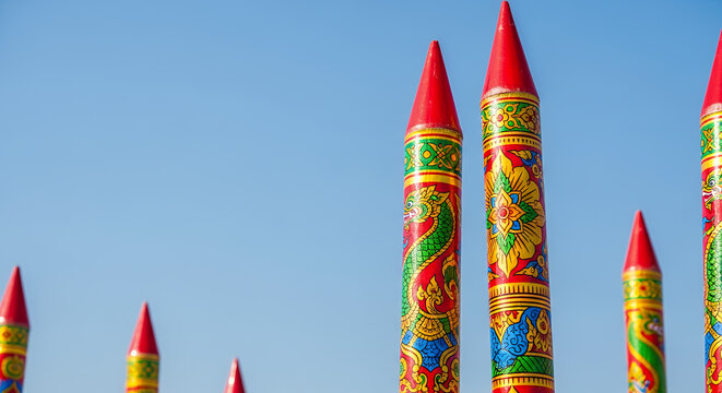 Close-up of vibrant bamboo rockets, intricately decorated with colorful painted patterns, displayed against a clear blue sky during the Boun Bang Fai festival.