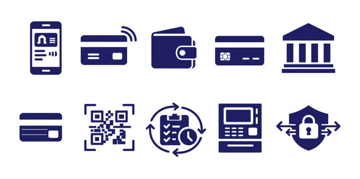 AI Technology Fintech Solid Icon Set &ndash; Digital Banking, Online Payment, Mobile Wallet, ATM, QR & Secure Gateway Flat Vector Pack
