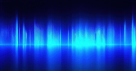 Abstract blue waveform visualization. Vertical bars represent sound frequencies, creating dynamic visual pattern. Dark background enhances luminosity.