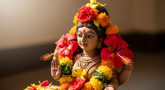 Exquisite clay idol of Goddess Gauri, beautifully adorned with vibrant fresh flowers for Gauri Puja, bathed in soft daylight, embodying traditional Indian devotion and femininity.
