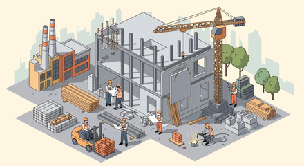 Fototapeta premium Isometric Factory Construction Site with Crane and Workers.