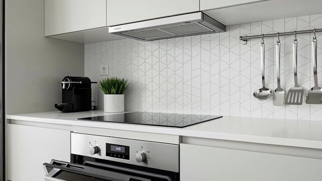 Modern white kitchen with stainless steel appliances and minimalist decor clean design