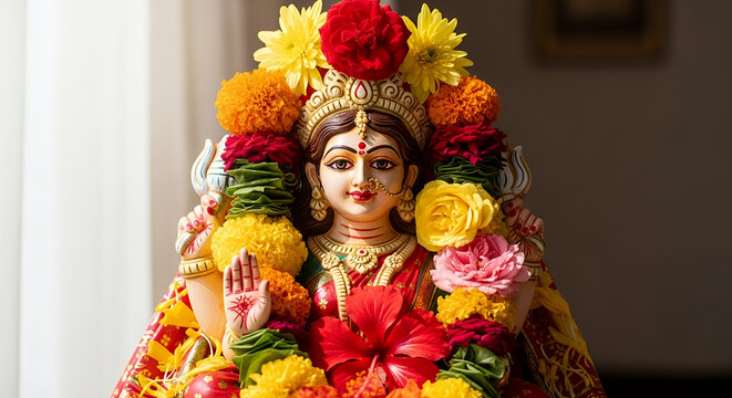Exquisite clay idol of Goddess Gauri, beautifully adorned with vibrant fresh flowers for Gauri Puja, bathed in soft daylight, embodying traditional Indian devotion and femininity.
