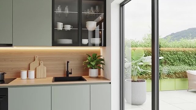 Modern minimalist kitchen with wooden backsplash and stainless steel appliances interior design