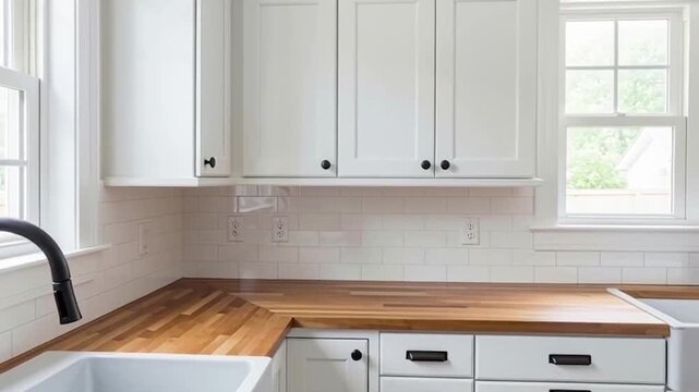 Modern white kitchen with double sinks and wooden countertop under bright natural light